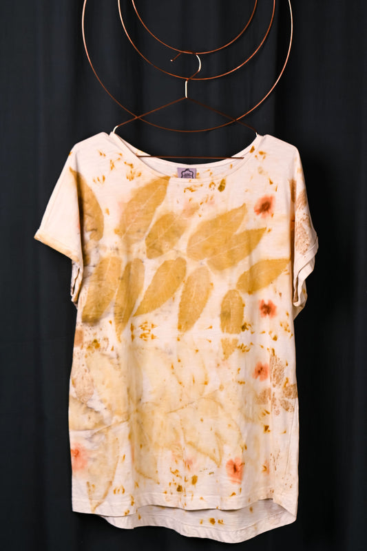 SEVA – Tricou bumbac 100% – piesă unicat ecoprint, imprimată manual cu frunze | perfectimperfect